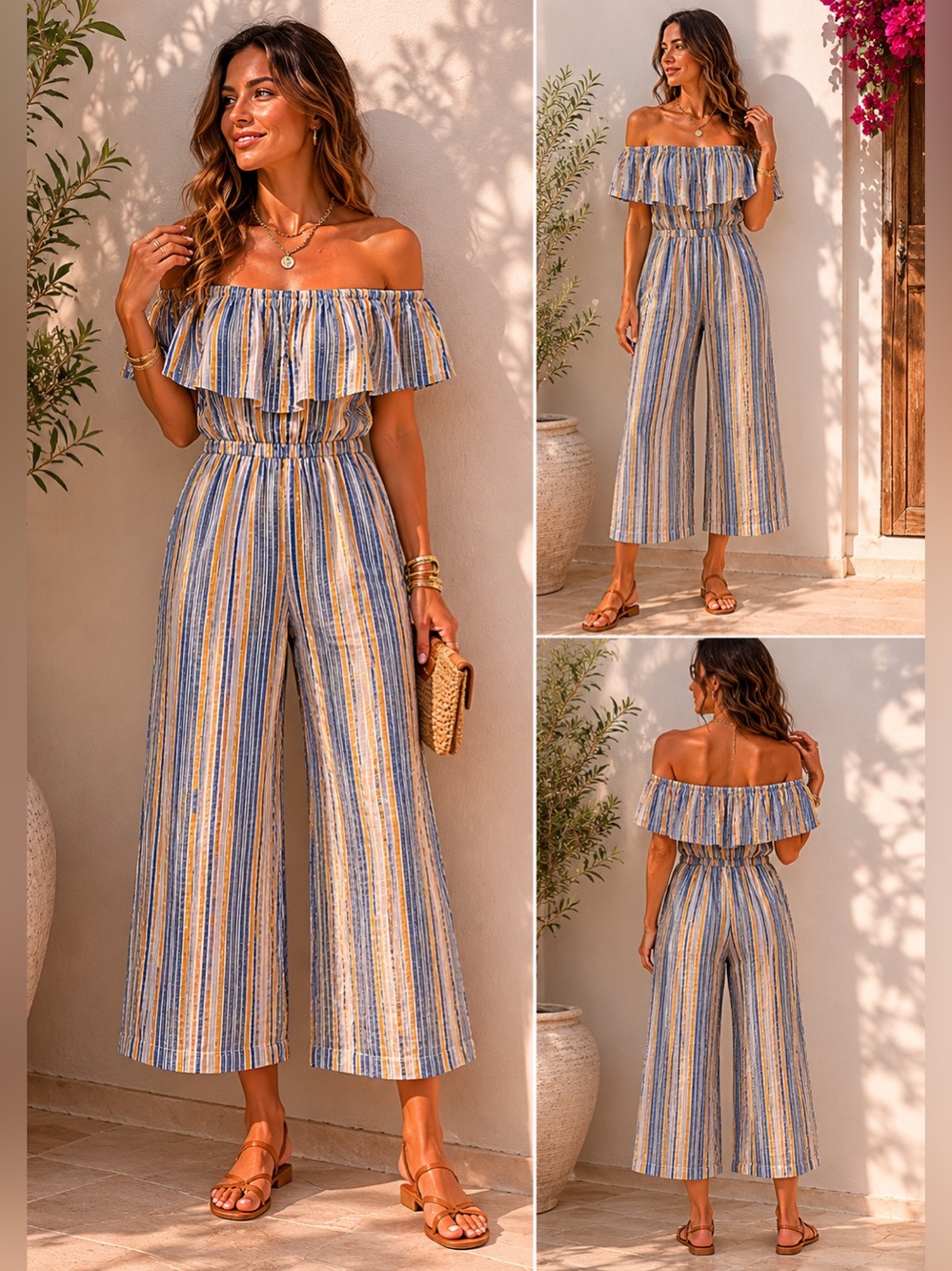 Eesome Blue and Yellow Stripe Flutter Sleeve Wide Leg Jumpsuit